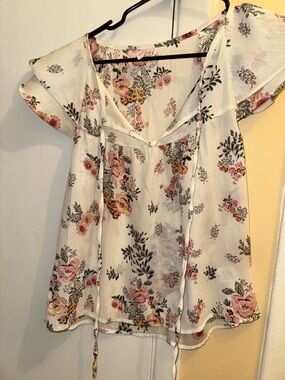 Floral Tie-Front Flutter Sleeve Blouse - White with Pink Floral Print